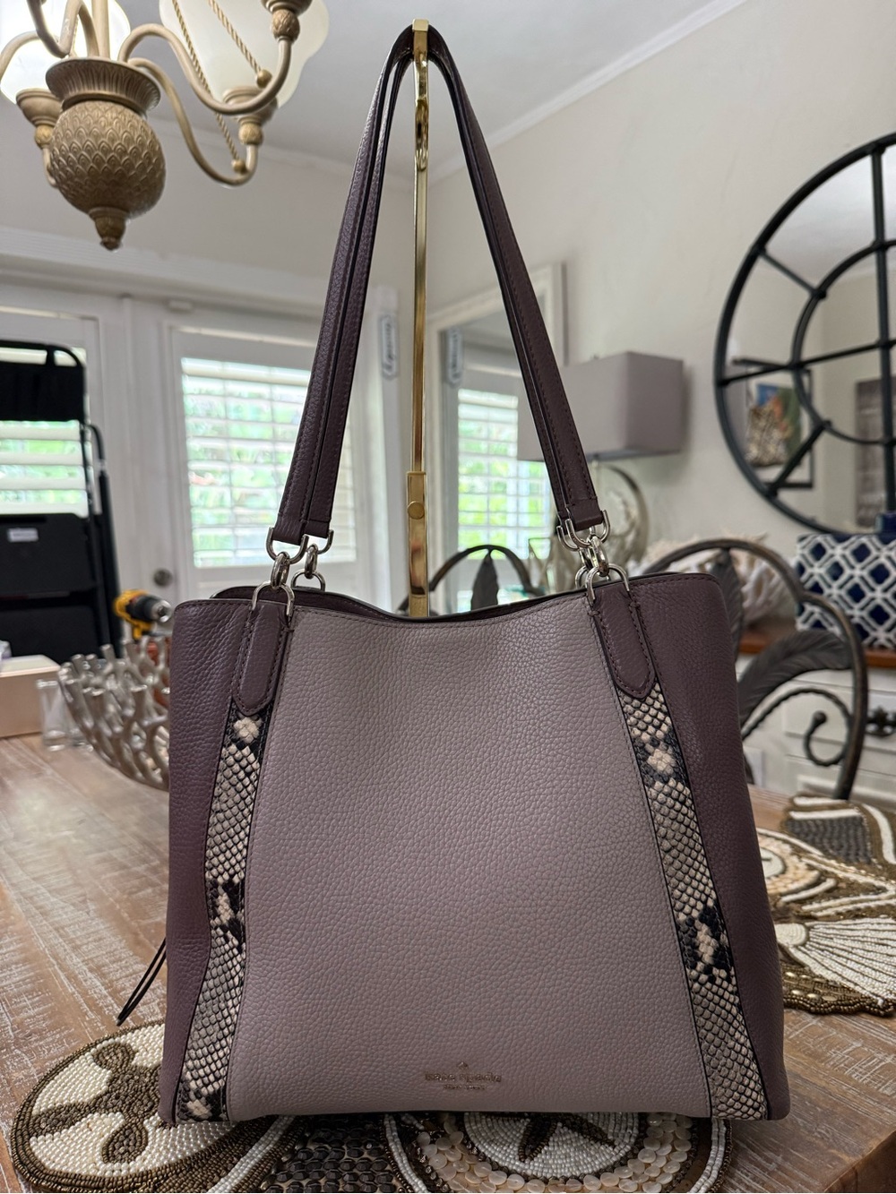 Kate Spade Taupe & Dark Mauve Pebbled Leather Shoulder Bag with Snake-Print Trim